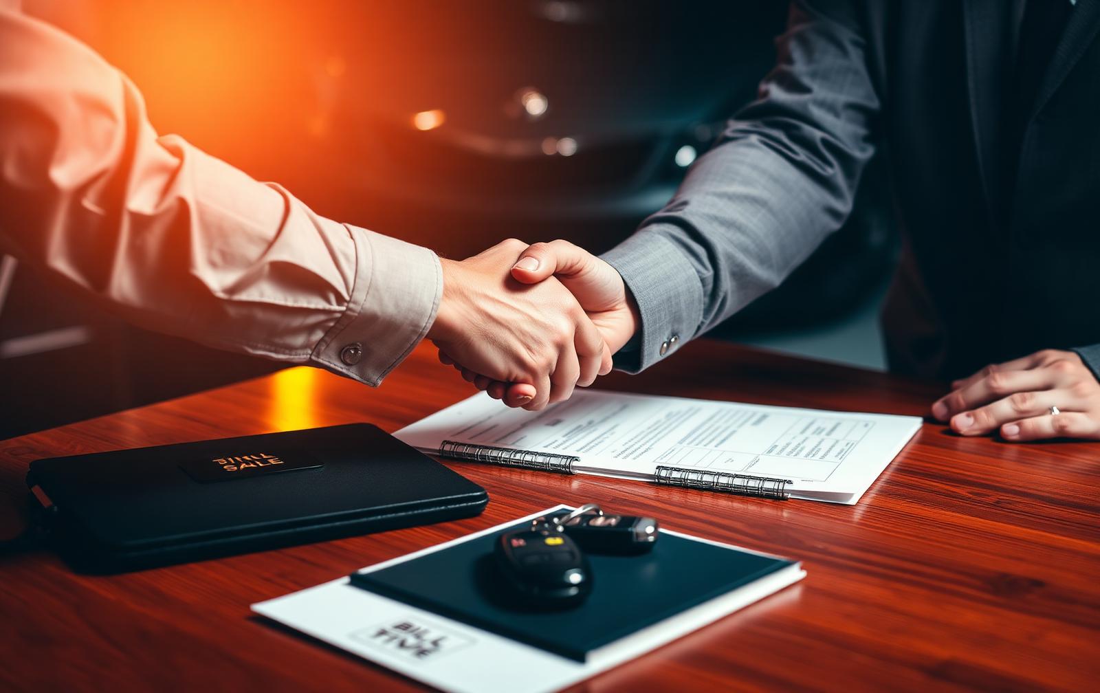 Buyer and seller shaking hands over a signed vehicle bill of sale at a dealership desk