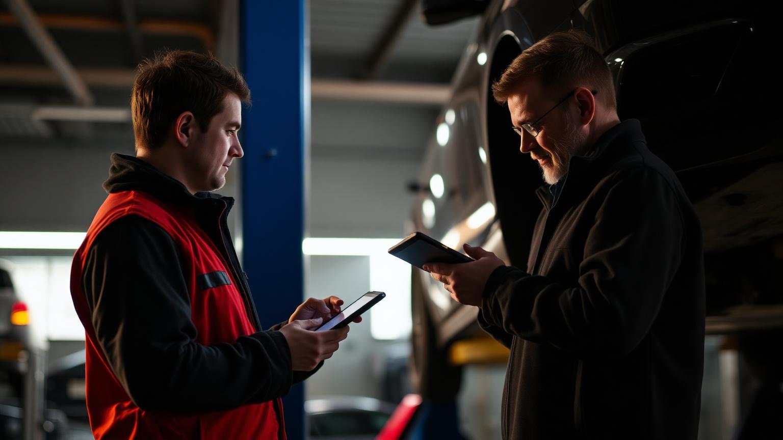 Service advisor explaining a repair estimate on a tablet beside a lifted car