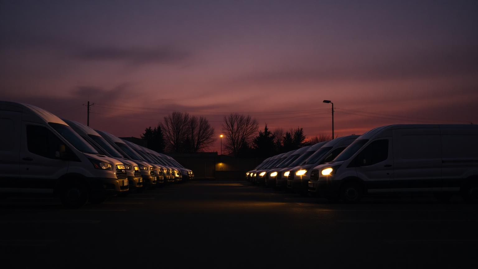 Row of white fleet vans parked in a lot at dusk