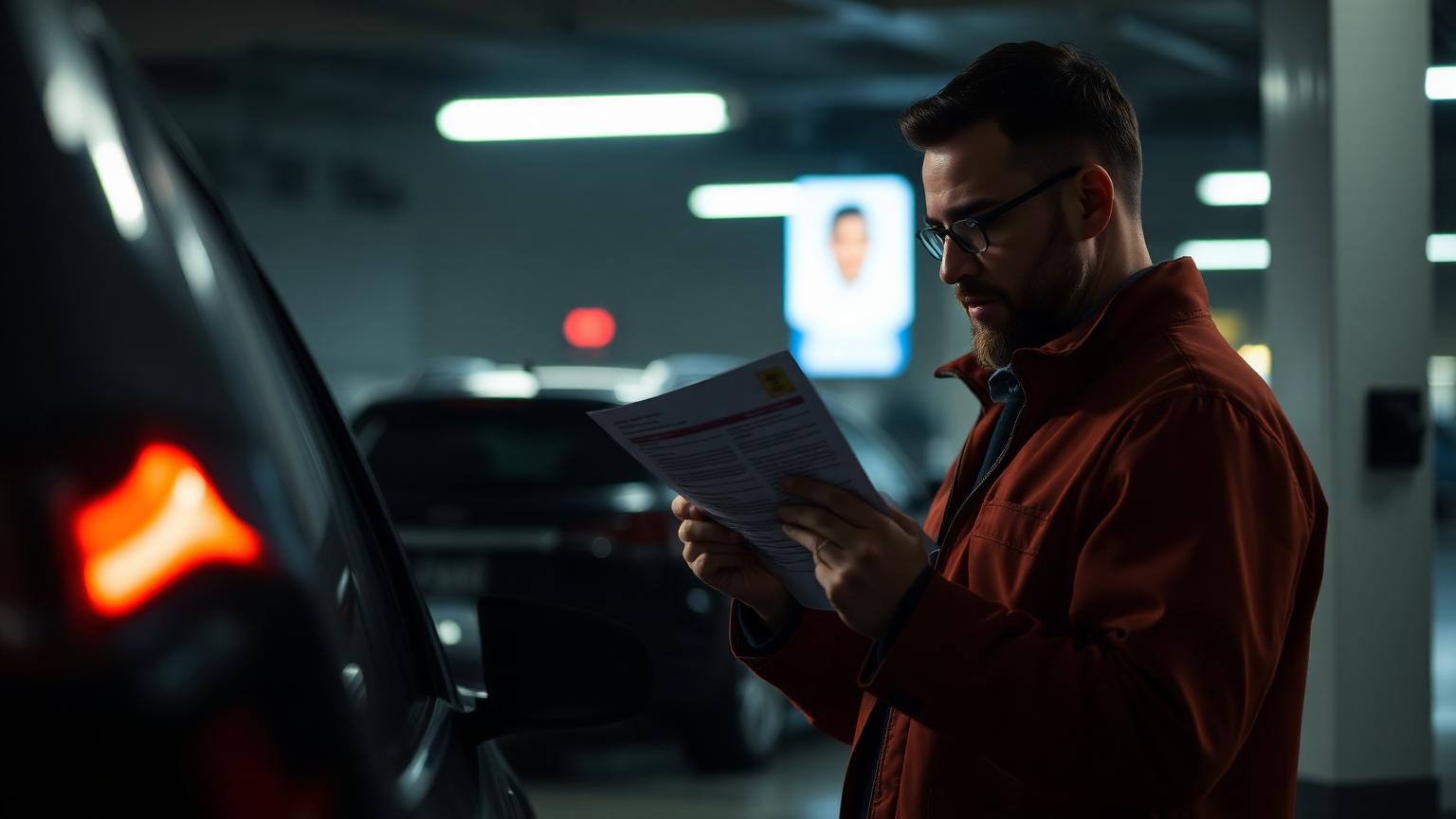 Service manager reviewing a recall notice letter beside a vehicle