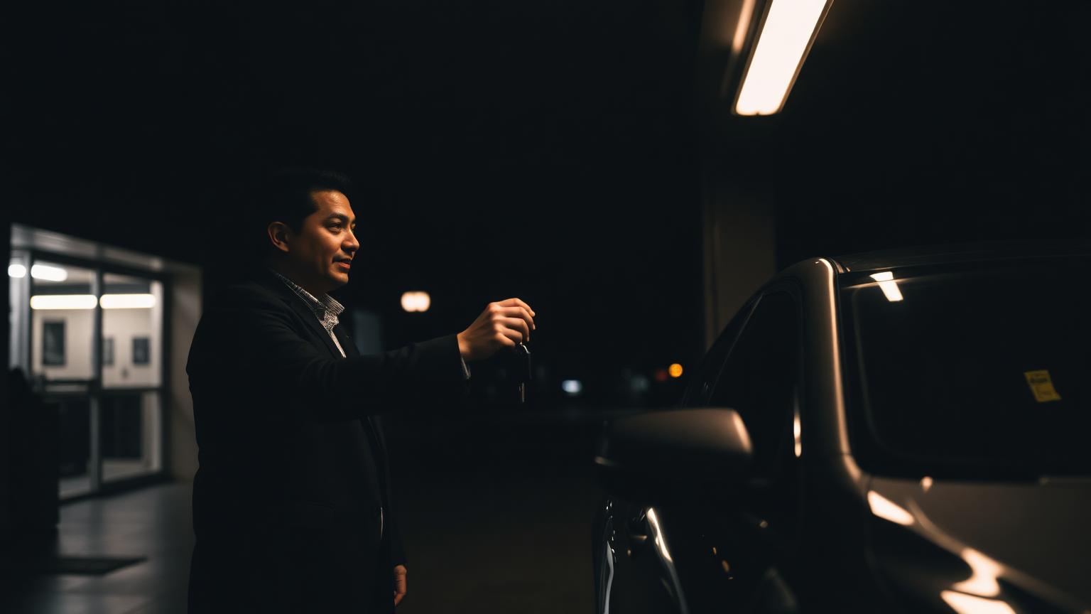 Rental counter agent handing keys to a customer at night