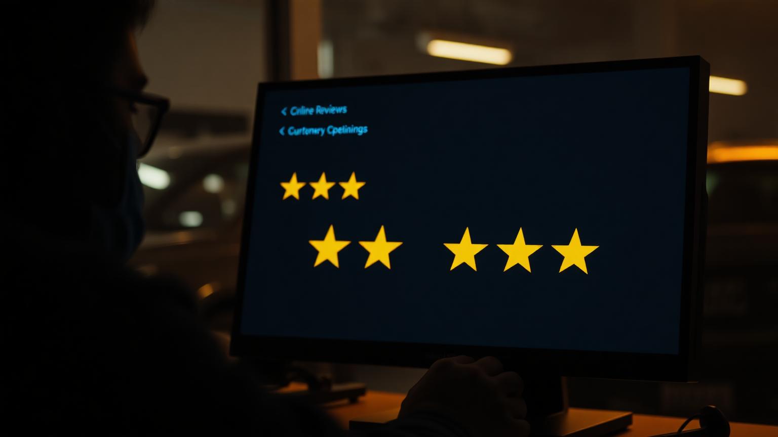 Dealership manager reading online customer reviews and star ratings on a monitor