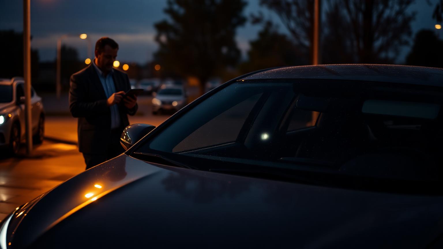 Dealer appraising a clean used car with a tablet at dusk