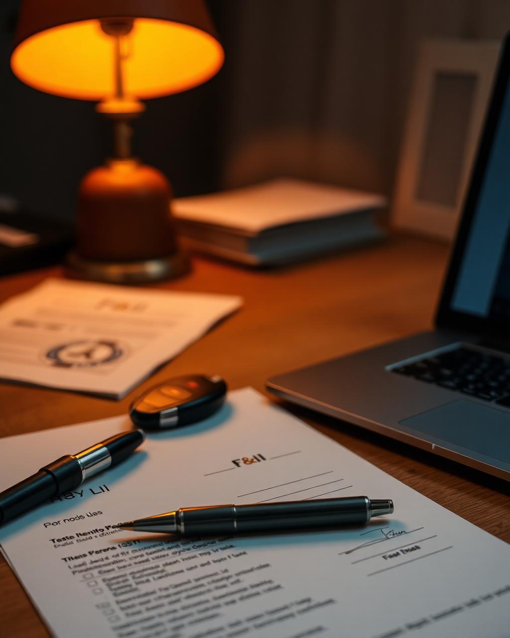 F&I desk with signed paperwork, a pen and car keys under a warm desk lamp
