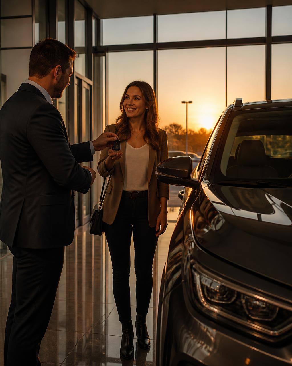 Salesperson handing keys to a smiling customer beside a new SUV in a dealership showroom at golden hour