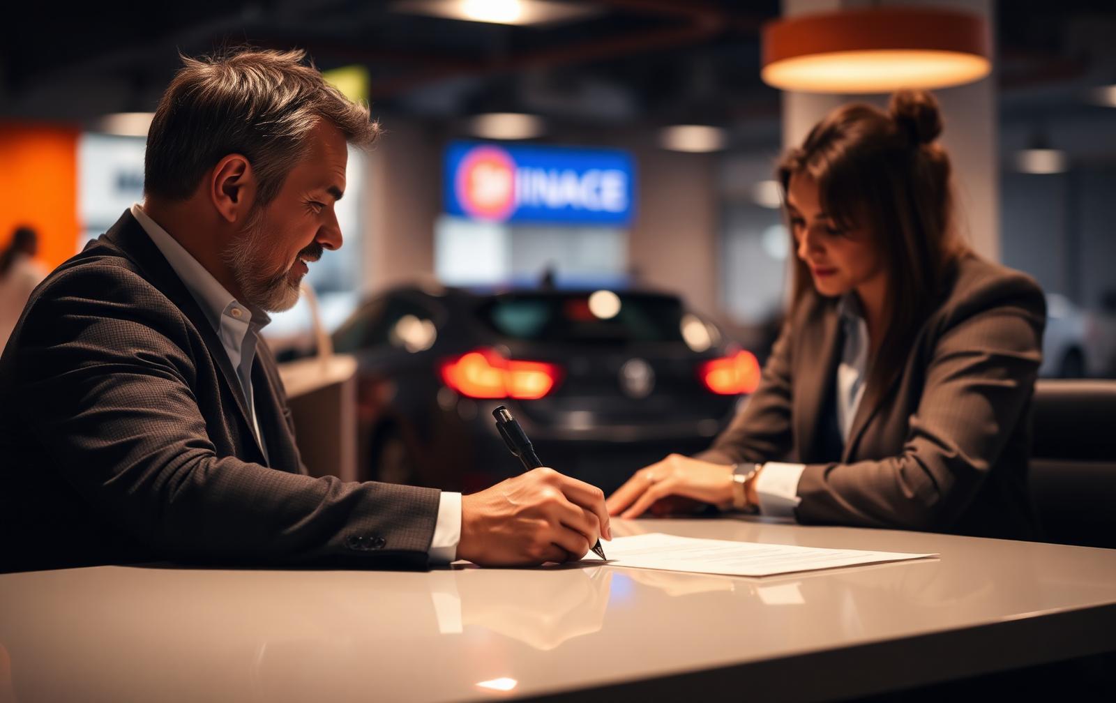 Customer signing a vehicle purchase agreement at a dealership finance office desk